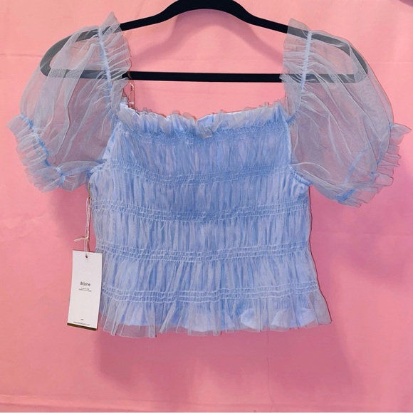 Cinderella Blue Top Puff Sleeve Elegant Lace Mesh Soft Tulle Crop Medium Blāshe - Picture 11 of 13
